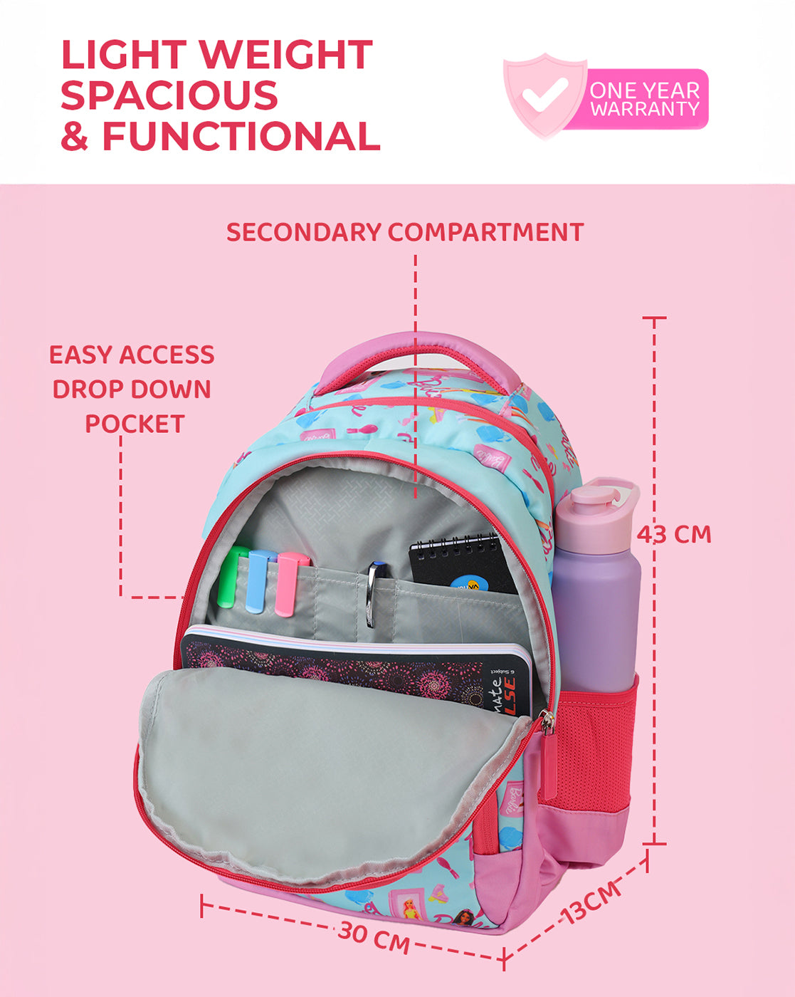 Barbie Kids School & Travel Backpack 17L with Multiple Compartments, Bottle Holders & Cushioned Comfort