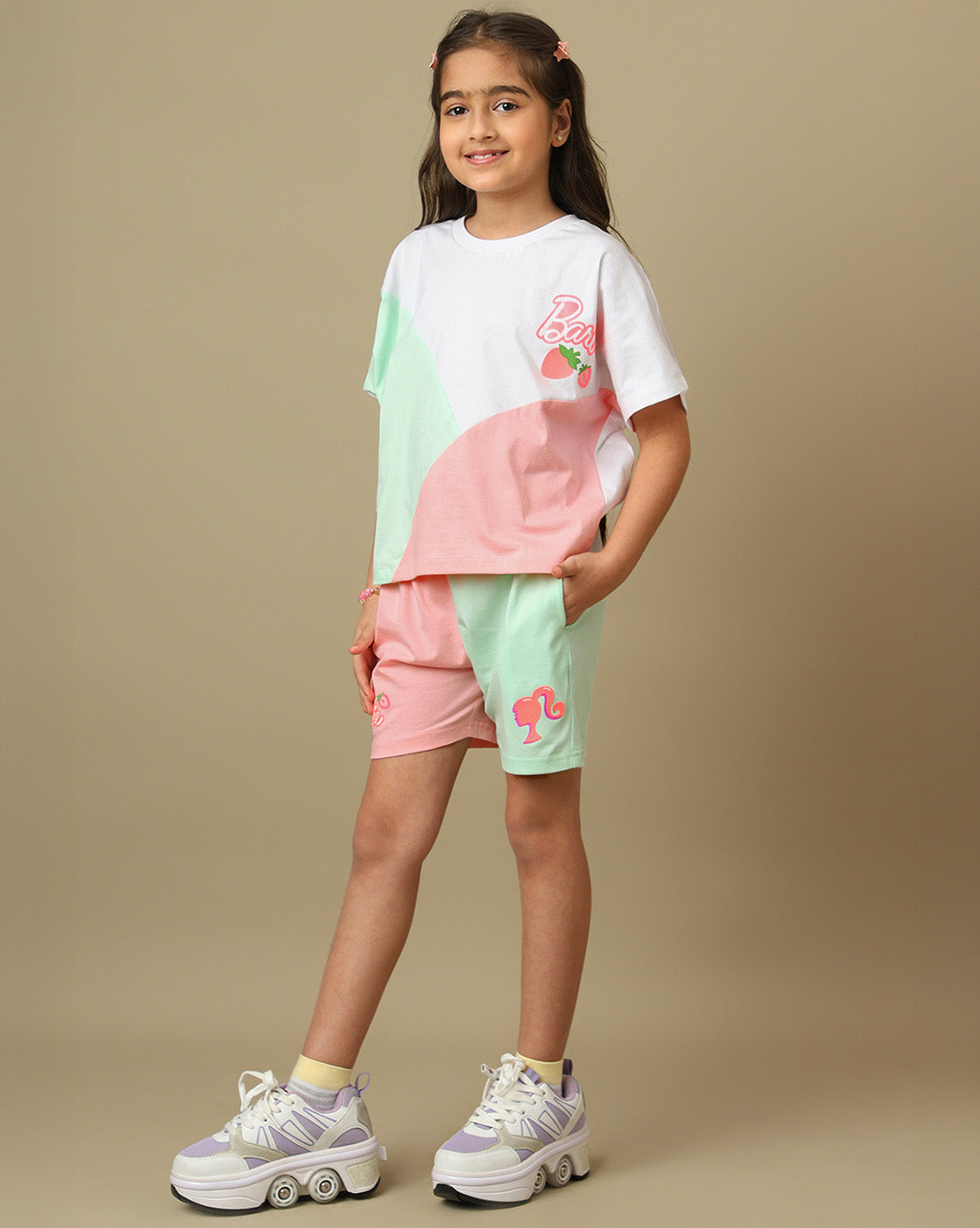 Barbie printed Relaxed Fit T-Shirt & Shorts Co-Ords Set For Kids Girls