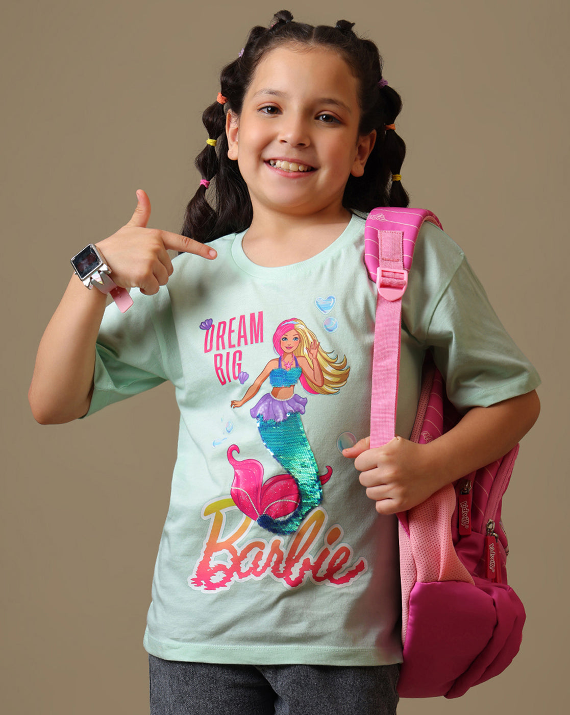 Barbie Printed Relaxed Fit Reversible Sequin Tshirt For Girls