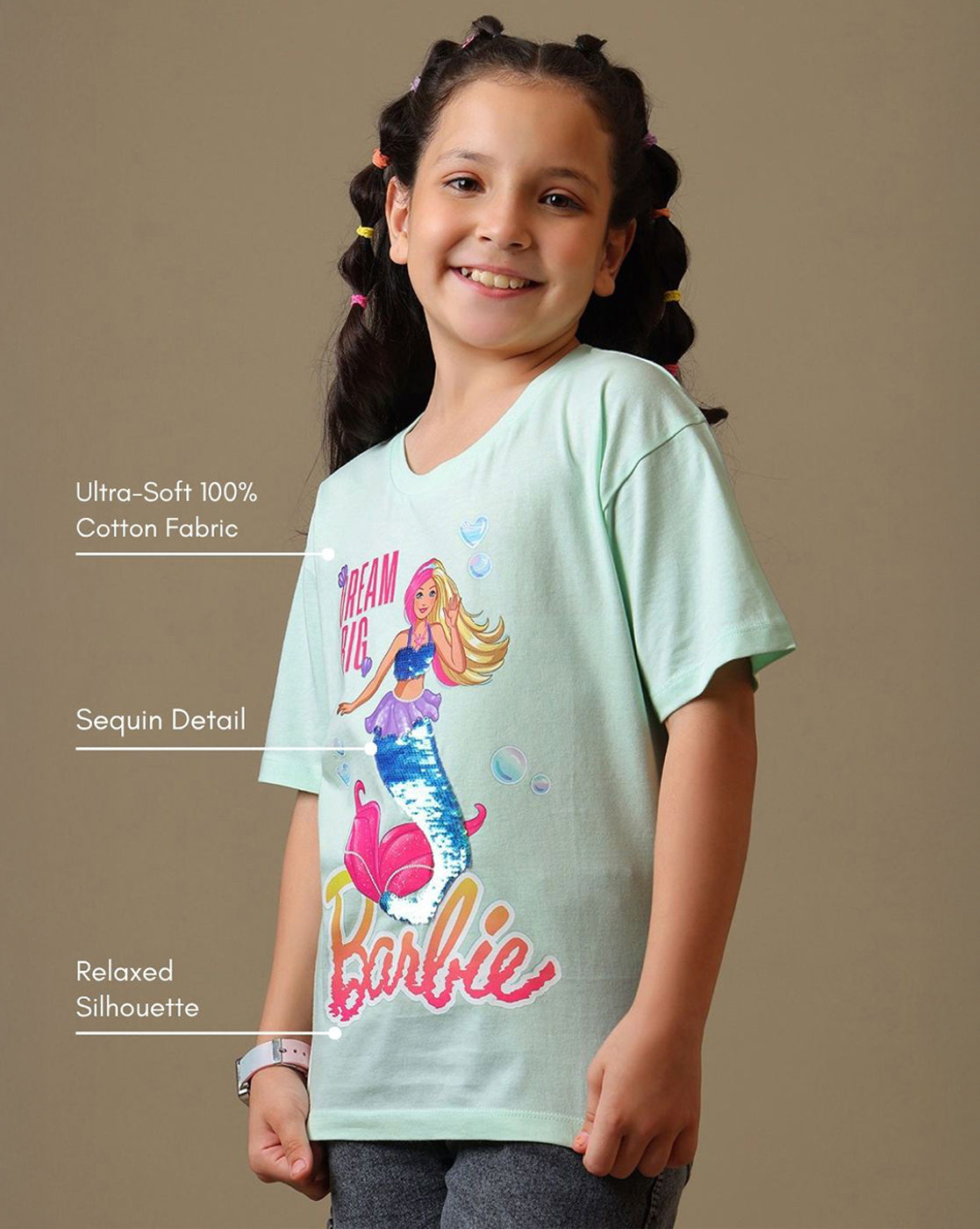Barbie Printed Relaxed Fit Reversible Sequin Tshirt For Girls