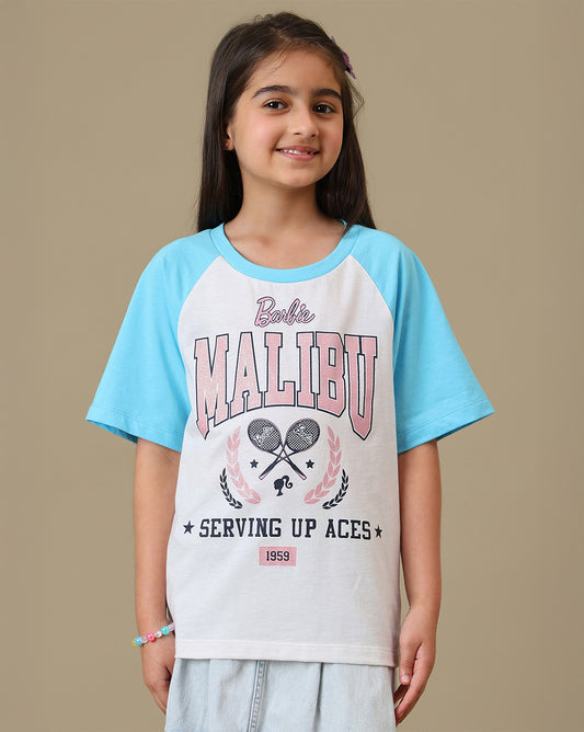 Barbie Malibu Printed Relaxed Fit Raglan Sleeves Tshirt For Girls