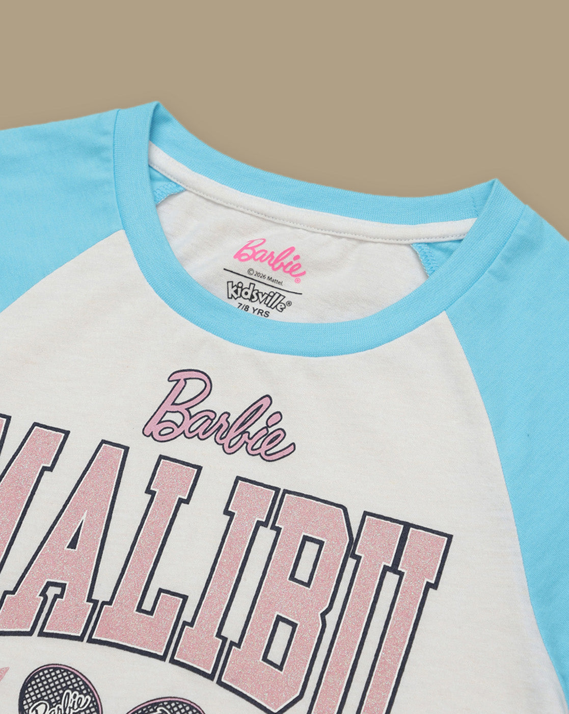 Barbie Malibu Printed Relaxed Fit Raglan Sleeves Tshirt For Girls