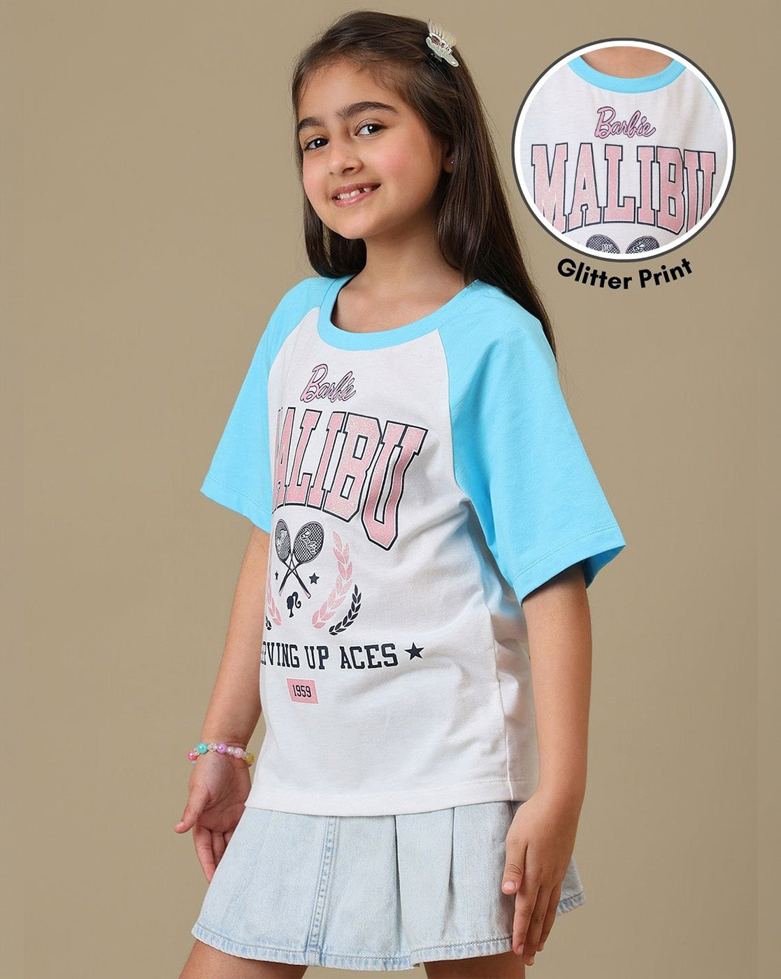 Barbie Malibu Printed Relaxed Fit Raglan Sleeves Tshirt For Girls