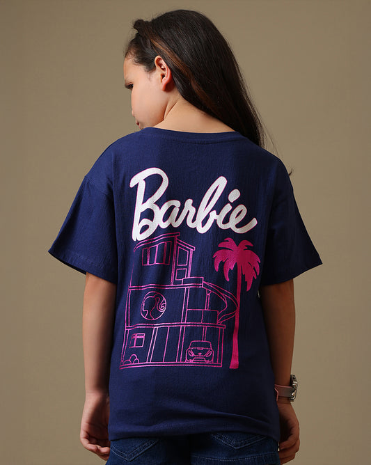 Barbie Printed Relaxed Fit Crinkle Cotton Tshirt For Girls