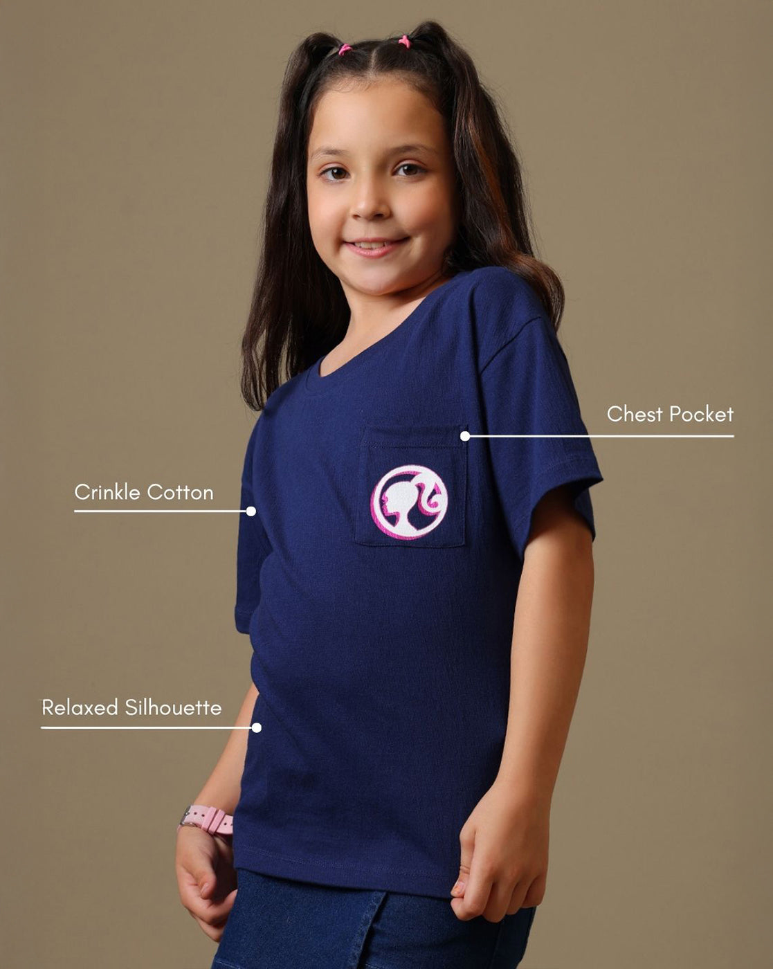 Barbie Printed Relaxed Fit Crinkle Cotton Tshirt For Girls