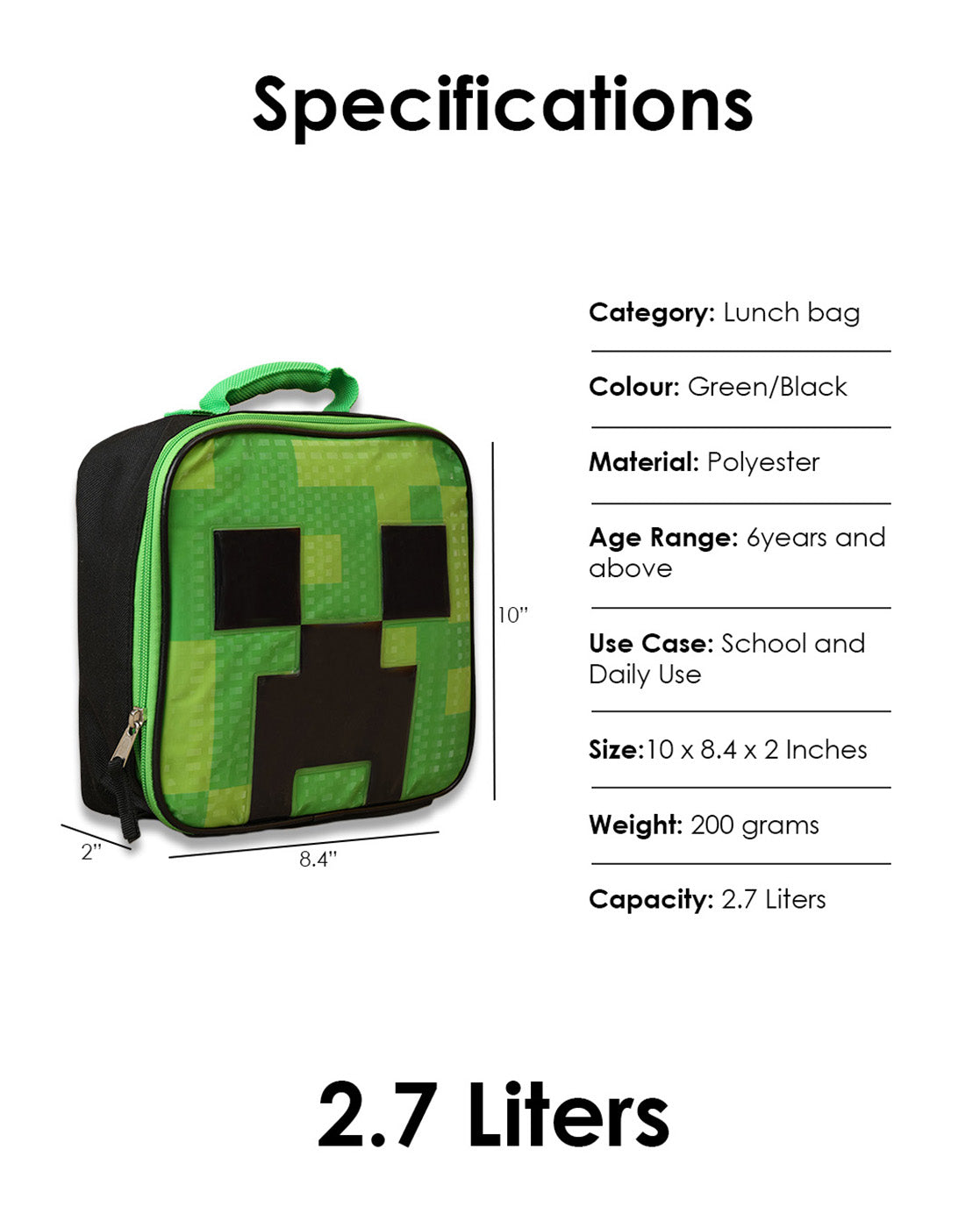 Minecraft 2.7L Lunch Bag for Boys & Girls | Thermal Insulated Tiffin Bag for Kids