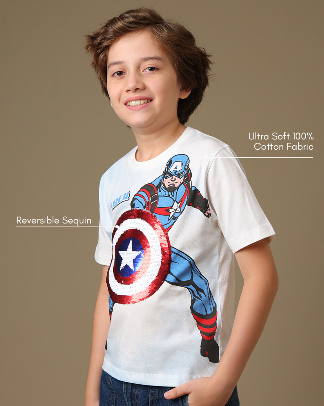 Captain America Printed Regular Fit Reversible SequinTshirt For Boys