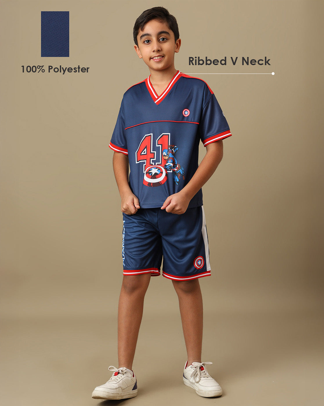 Captain America Printed Relaxed Fit Tshirt & Shorts Co-Ords Set For Boys