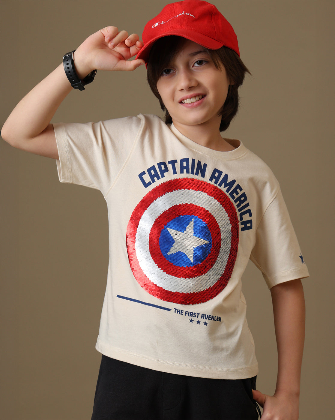 Captain America Printed Regular Fit Reversible Sequin Tshirt For Boys