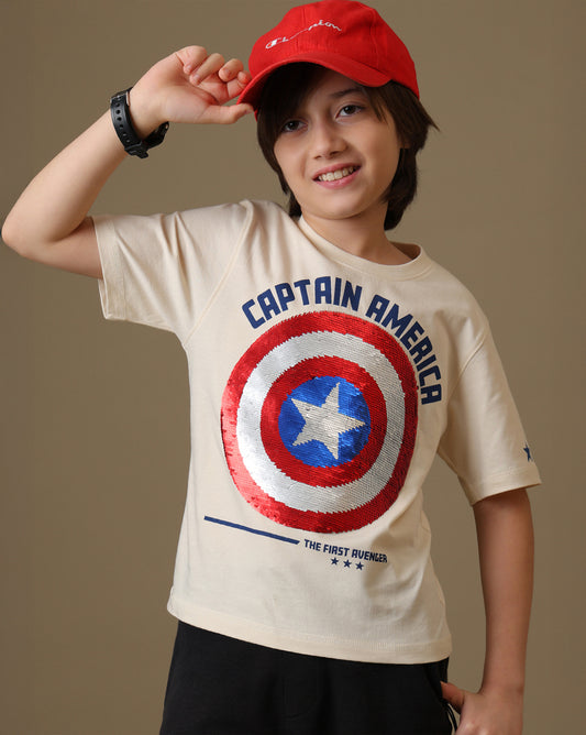 Captain America Printed Regular Fit Reversible Sequin Tshirt For Boys