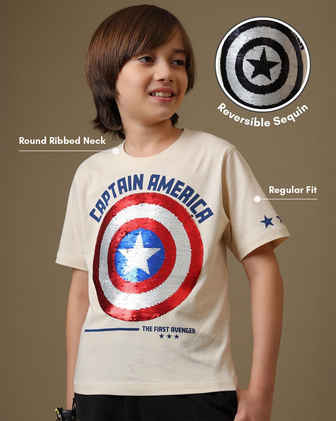 Captain America Printed Regular Fit Reversible Sequin Tshirt For Boys