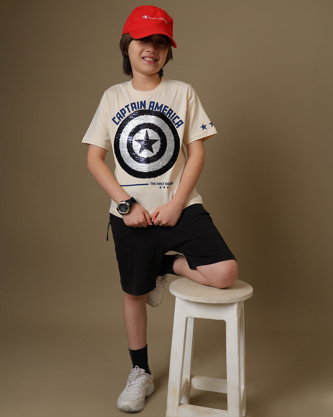 Captain America Printed Regular Fit Reversible Sequin Tshirt For Boys