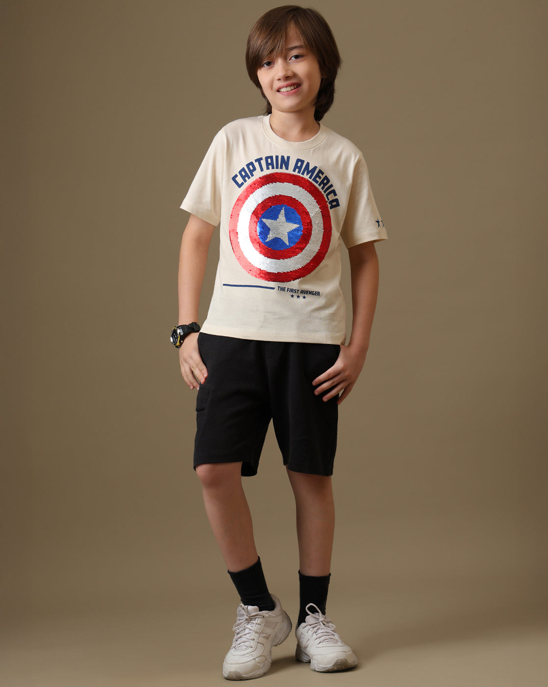 Captain America Printed Regular Fit Reversible Sequin Tshirt For Boys