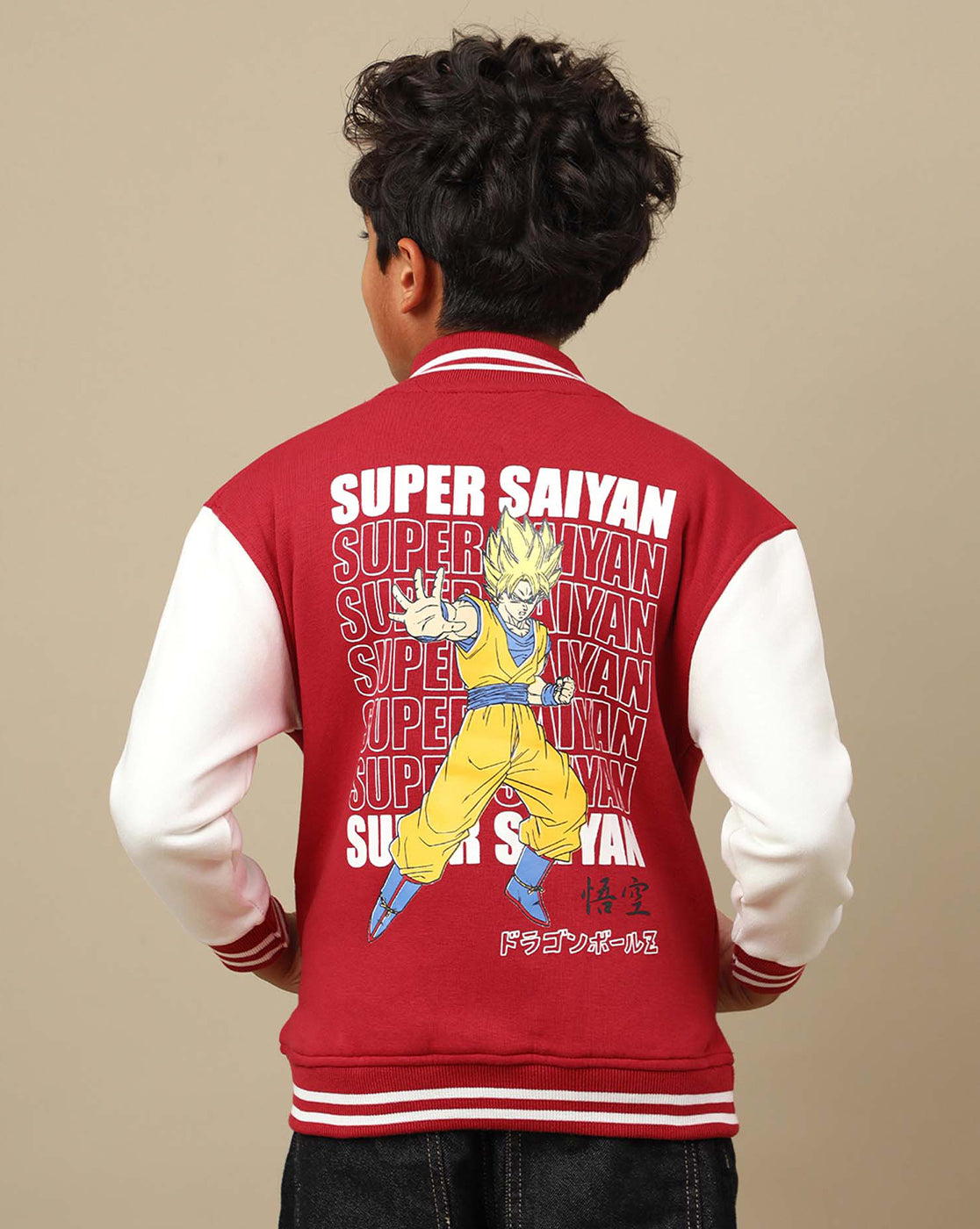 Dragon Ball Z: Goku Anime Printed Red & White Varsity Jacket For Boys
