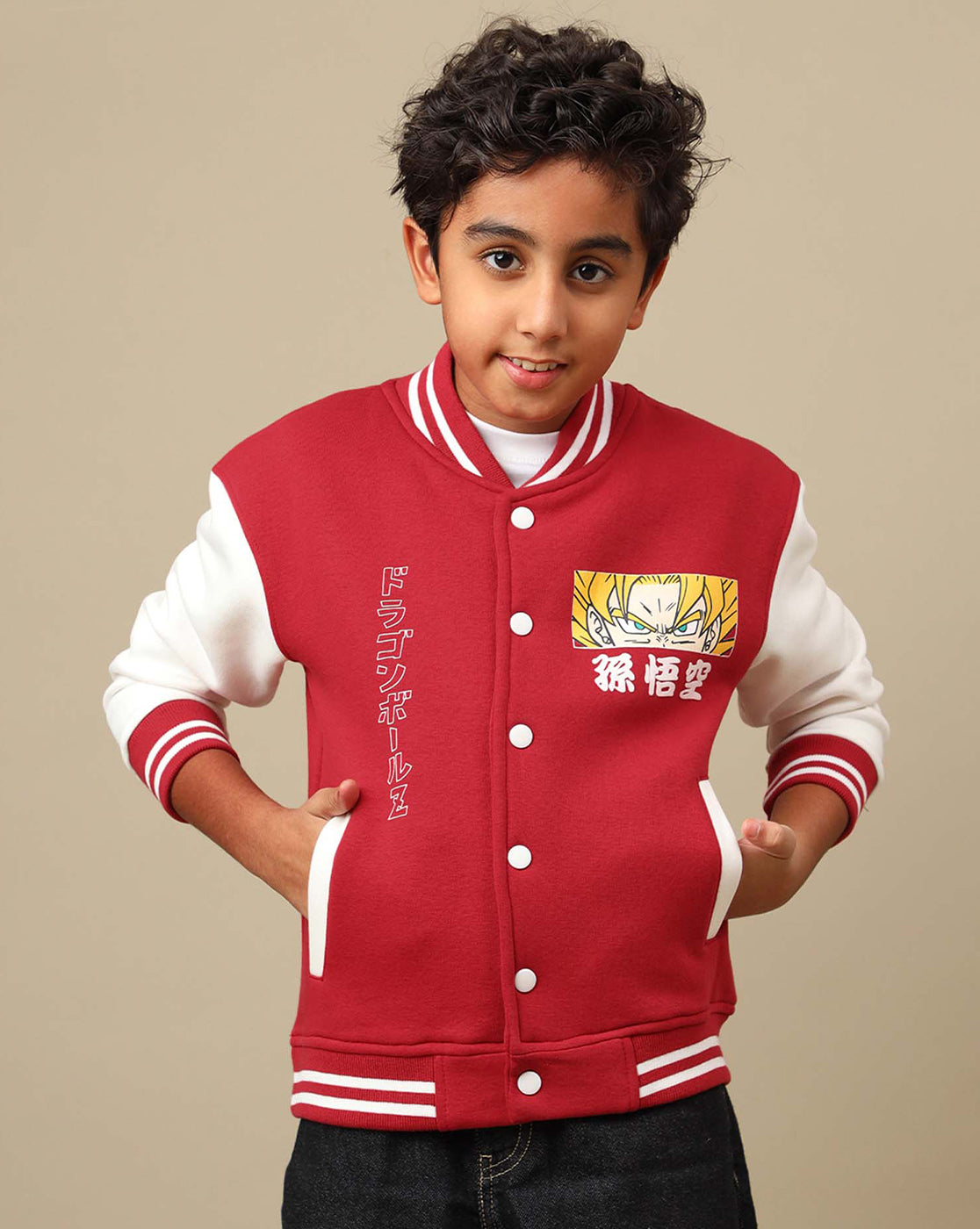 Dragon Ball Z: Goku Anime Printed Red & White Varsity Jacket For Boys