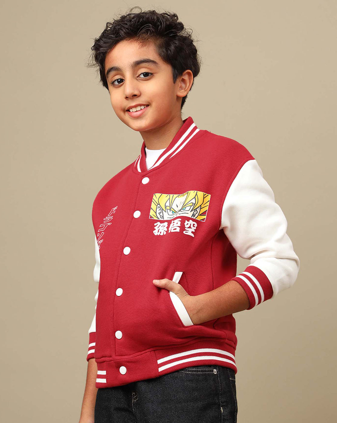 Dragon Ball Z: Goku Anime Printed Red & White Varsity Jacket For Boys