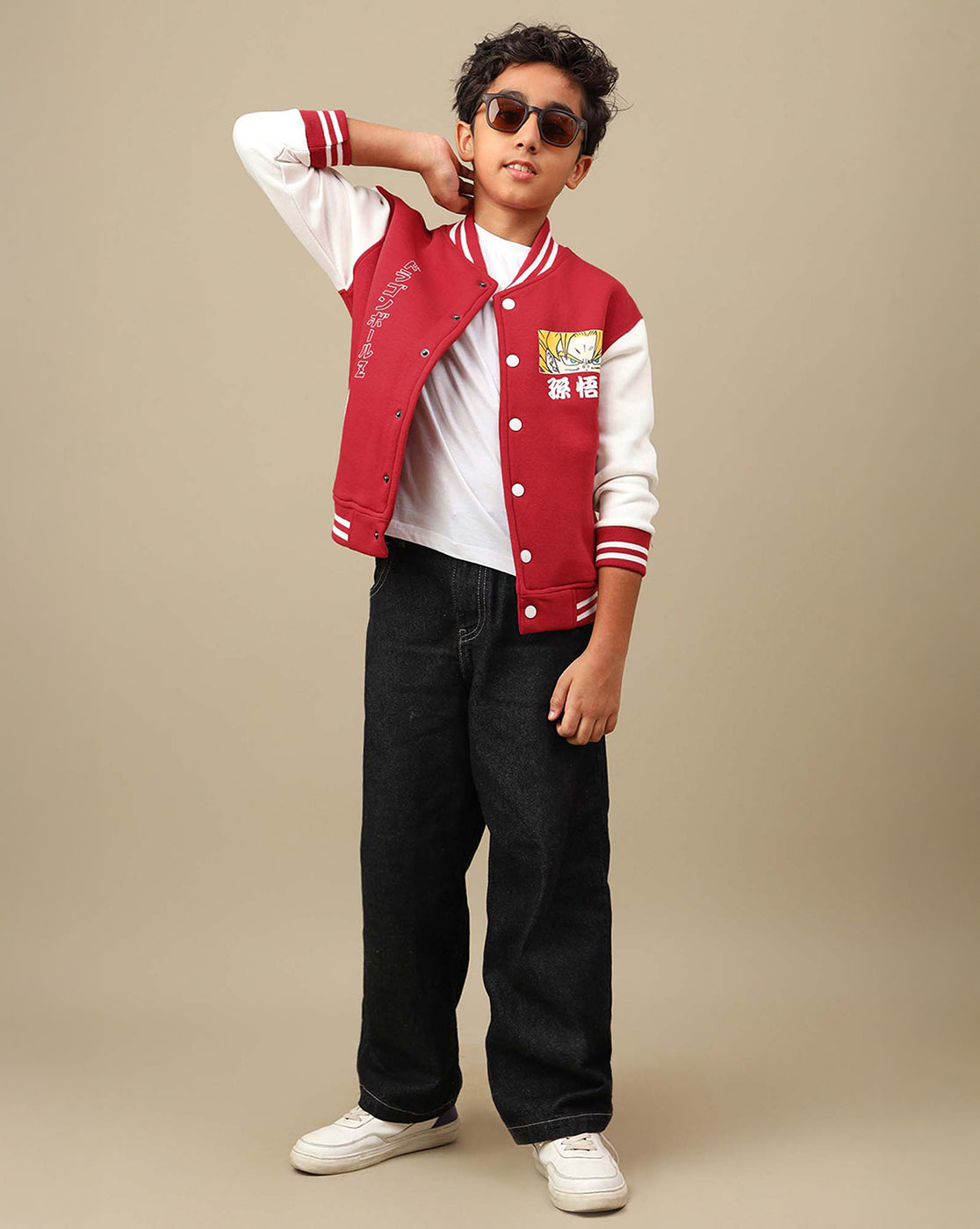 Dragon Ball Z: Goku Anime Printed Red & White Varsity Jacket For Boys