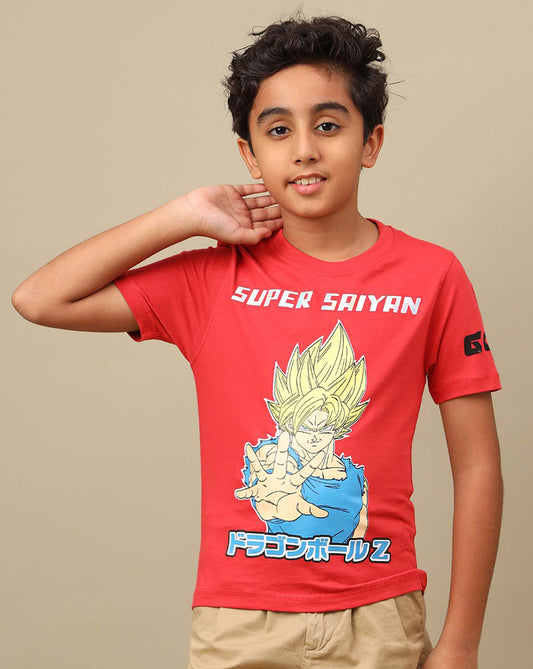 Dragon Ball Z: Super Saiyan Goku Anime Printed Cranberry Regular Fit Pure Cotton Tshirt For Boys