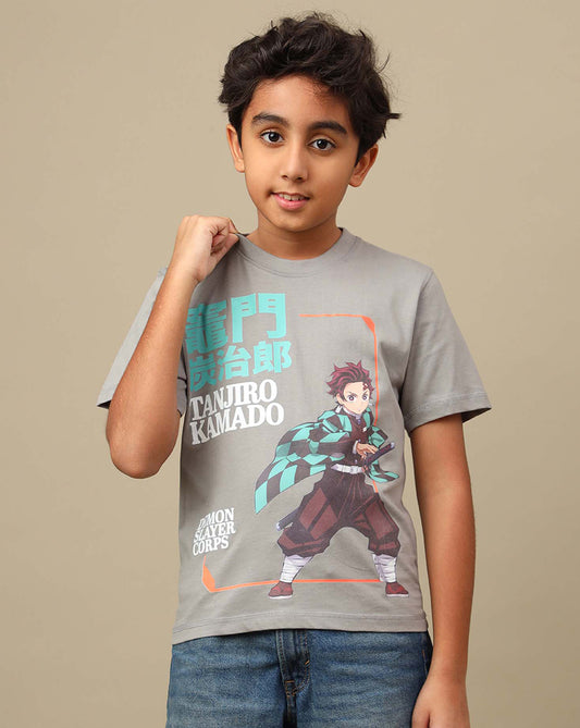 Demon Slayer: Tanjiro Anime Printed Grey Regular Fit Pure Cotton Tshirt For Boys