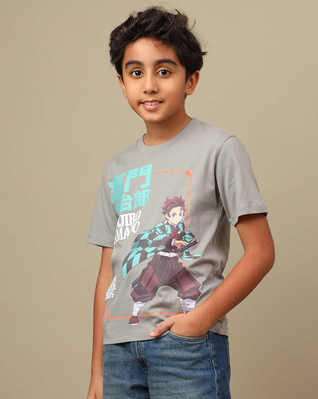 Demon Slayer: Tanjiro Anime Printed Grey Regular Fit Pure Cotton Tshirt For Boys
