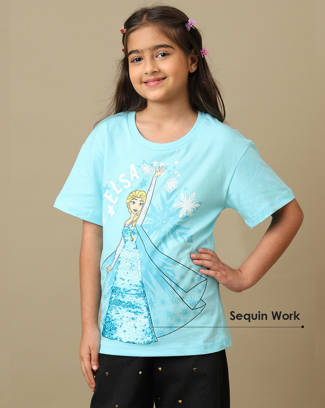 Frozen Printed Relaxed Fit Reversible Sequin  Tshirt For Girls
