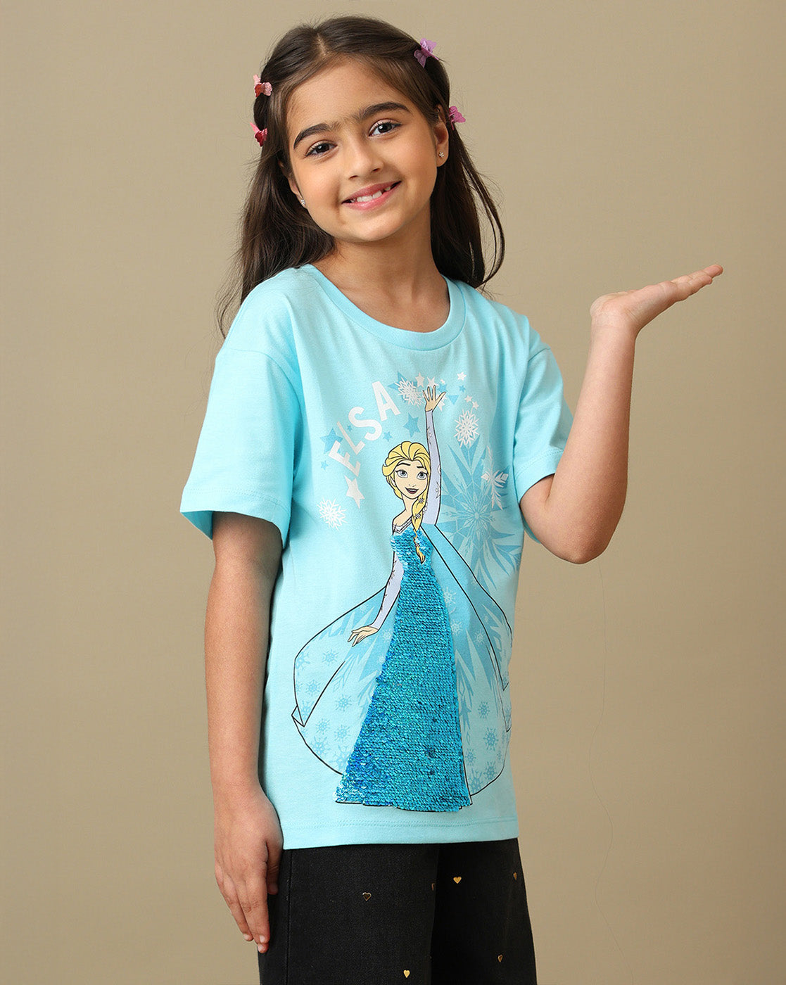Frozen Printed Relaxed Fit Reversible Sequin  Tshirt For Girls