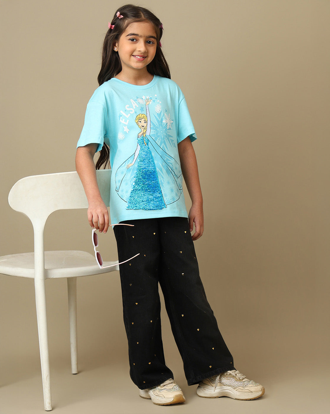 Frozen Printed Relaxed Fit Reversible Sequin  Tshirt For Girls