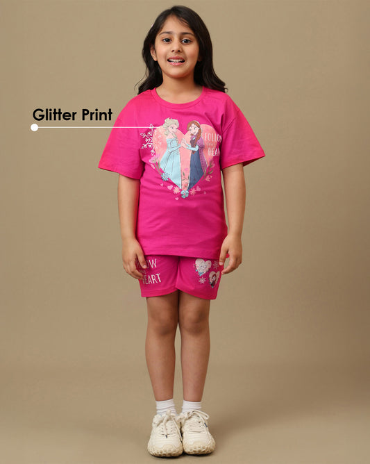 Frozen Printed Regular Fit Tshirt & Shorts Co-Ords Set For Girls
