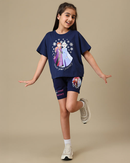 Frozen Printed Regular Fit Tshirt & Shorts  For Girls