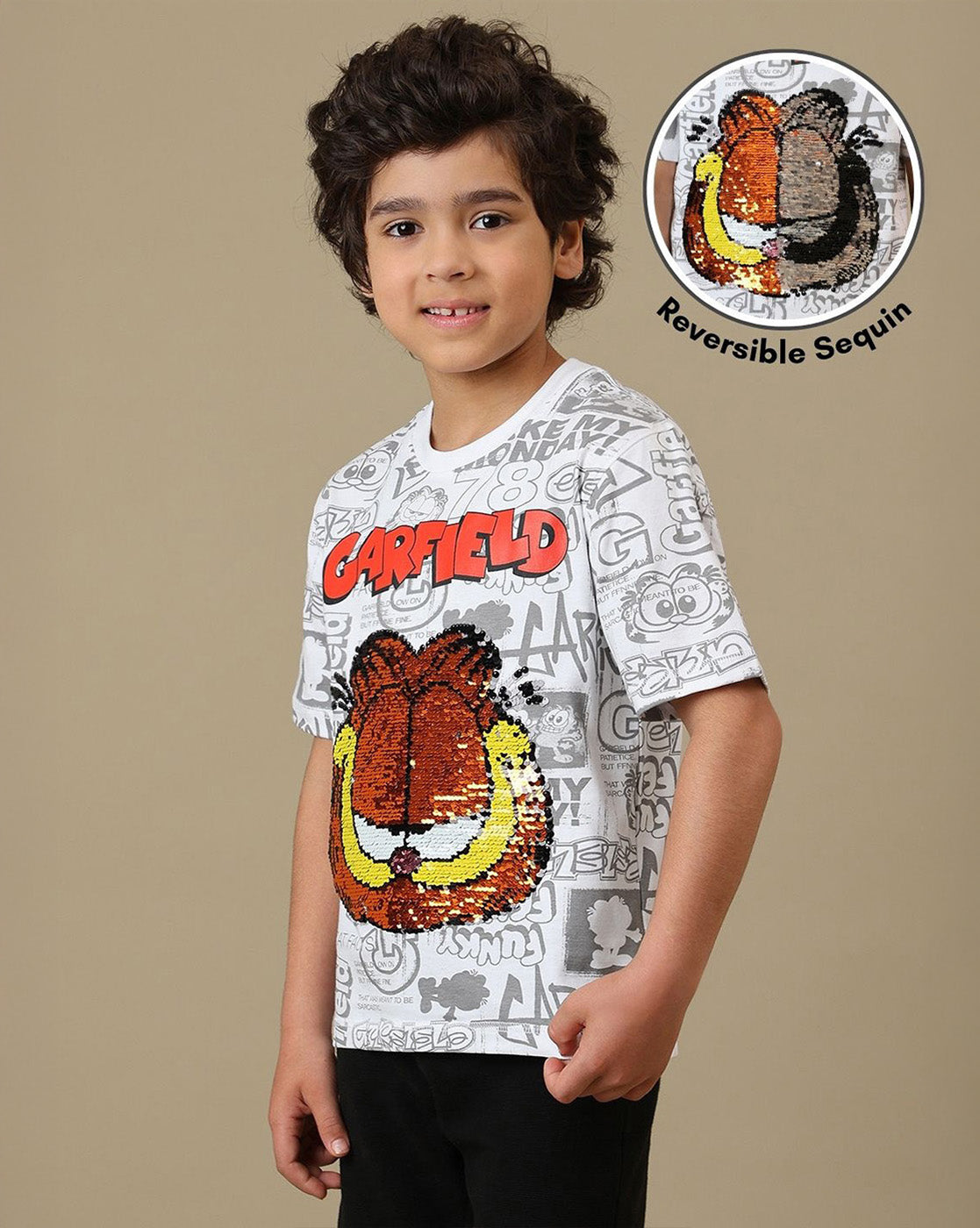 Garfield Reversible Sequins Printed Regular Fit Tshirt For Boys
