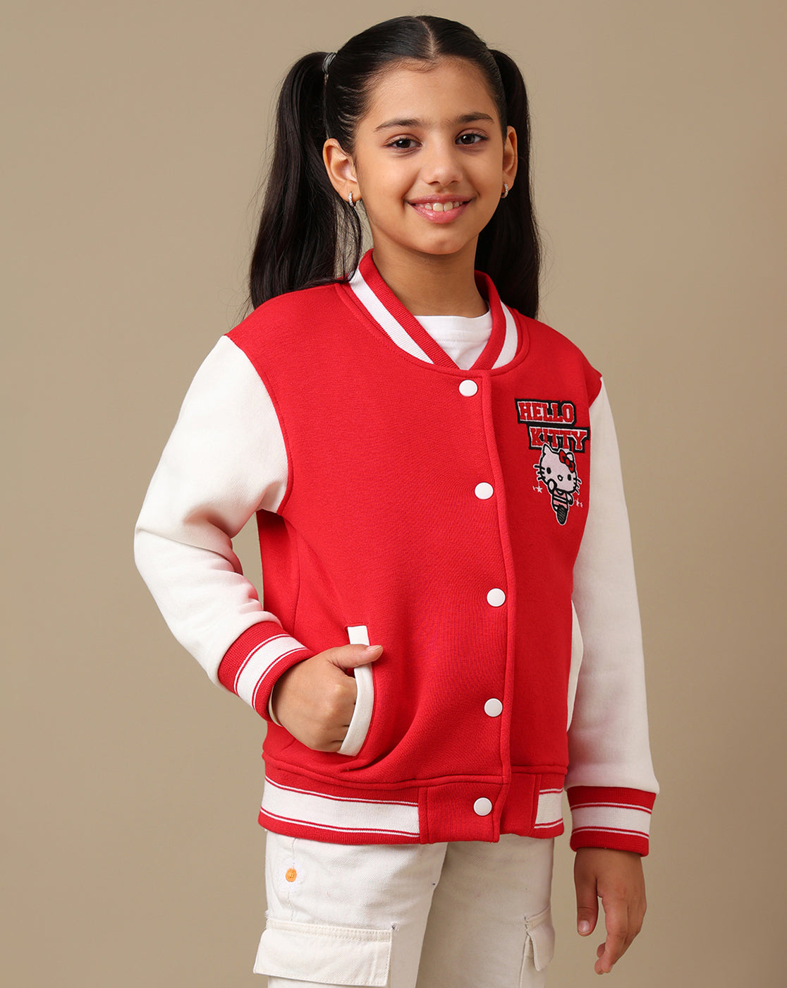 Hello Kitty Printed Regular Fit Varsity Jacket For Girls
