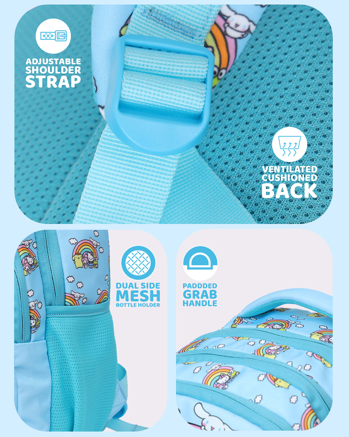 Hello Kitty and Friends Kids School Backpack 10L with Smart Storage, Bottle Holders & Cushioned Comfort