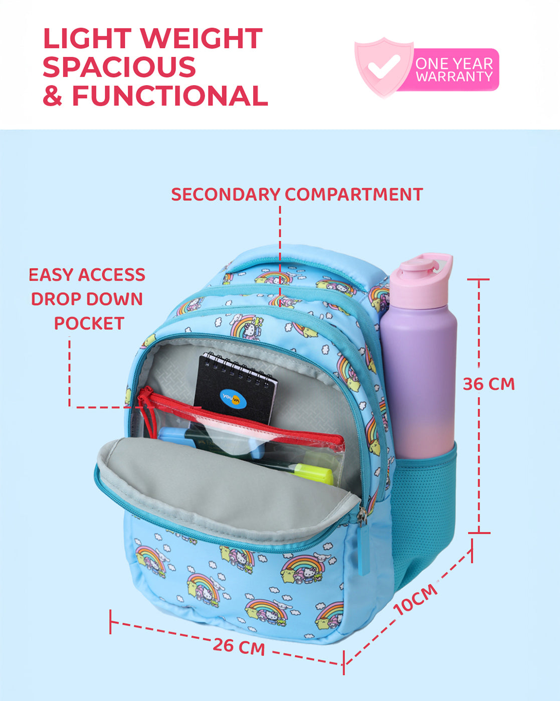 Hello Kitty and Friends Kids School Backpack 10L with Smart Storage, Bottle Holders & Cushioned Comfort