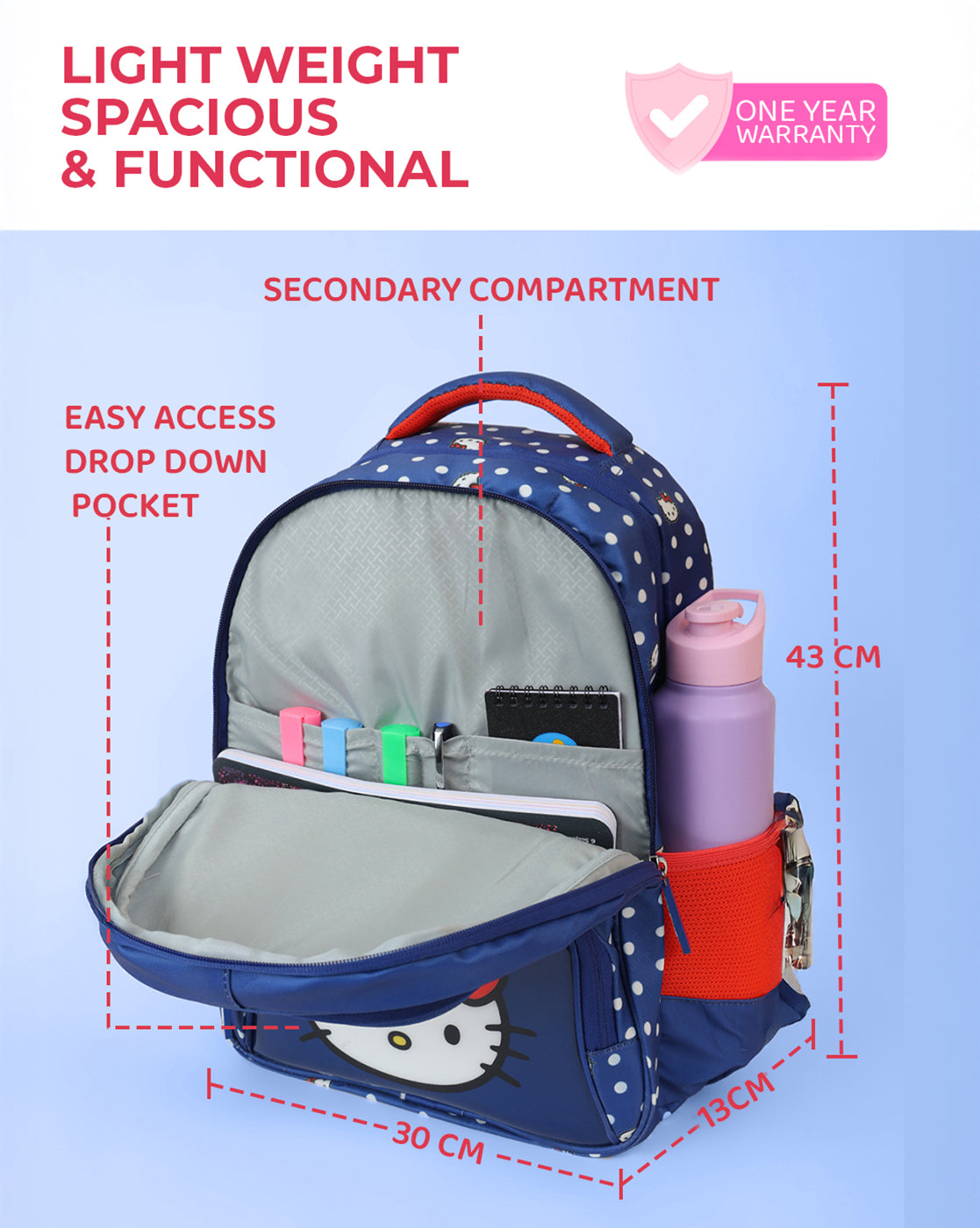 Hello Kitty Character Printed Kids Backpack 17L with Smart Storage, Bottle Holders & Cushioned Comfort