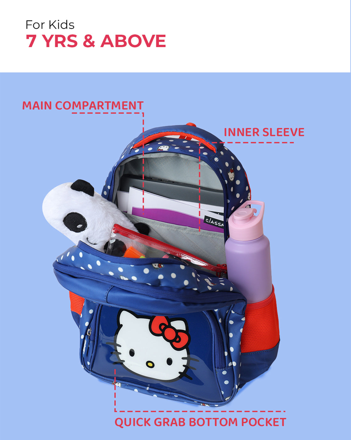 Hello Kitty Character Printed Kids Backpack 17L with Smart Storage, Bottle Holders & Cushioned Comfort