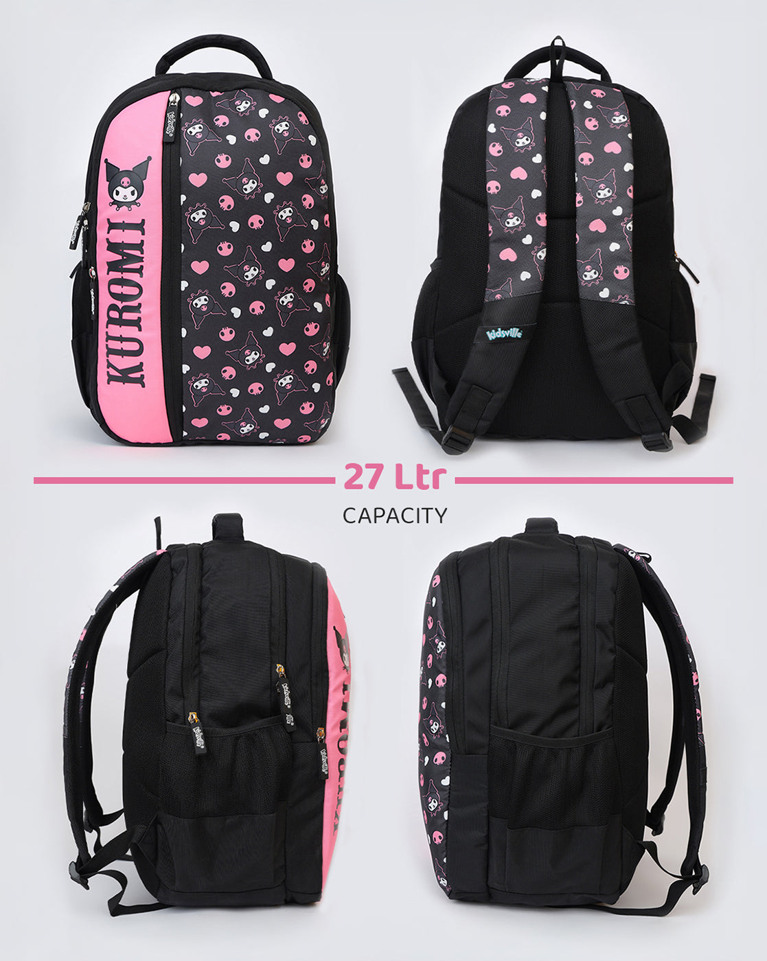 Kuromi Character Backpack 27L with Organizer Pocket, Mesh Bottle Holders & Durable Fabric