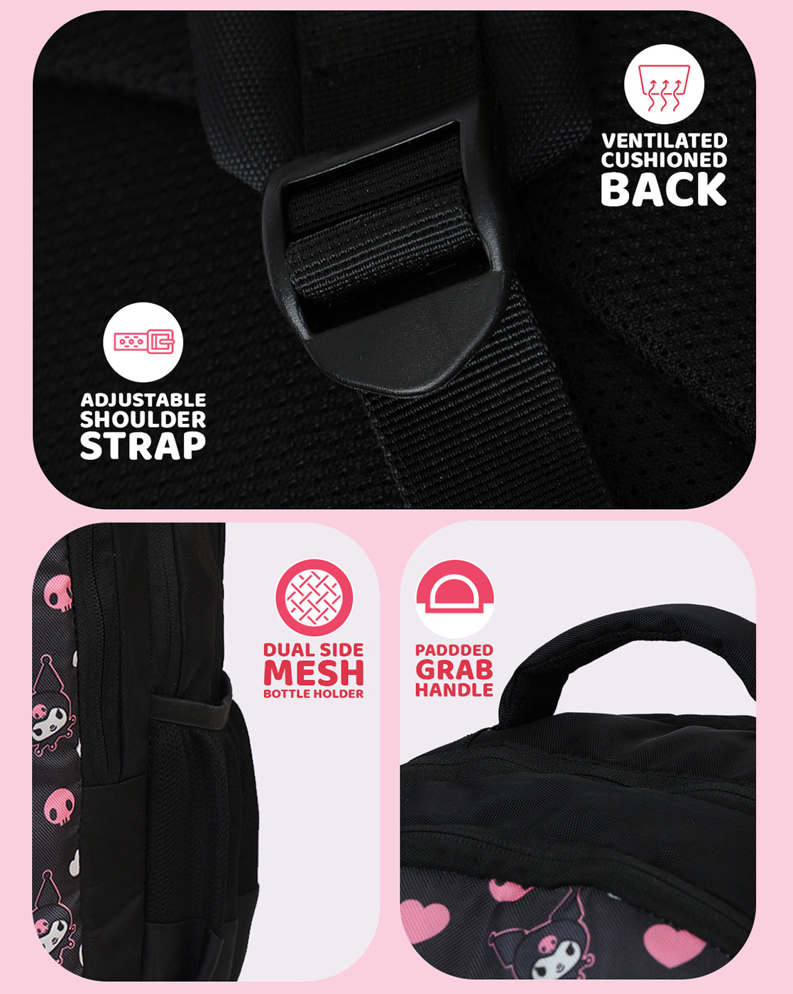 Kuromi Character Backpack 27L with Organizer Pocket, Mesh Bottle Holders & Durable Fabric
