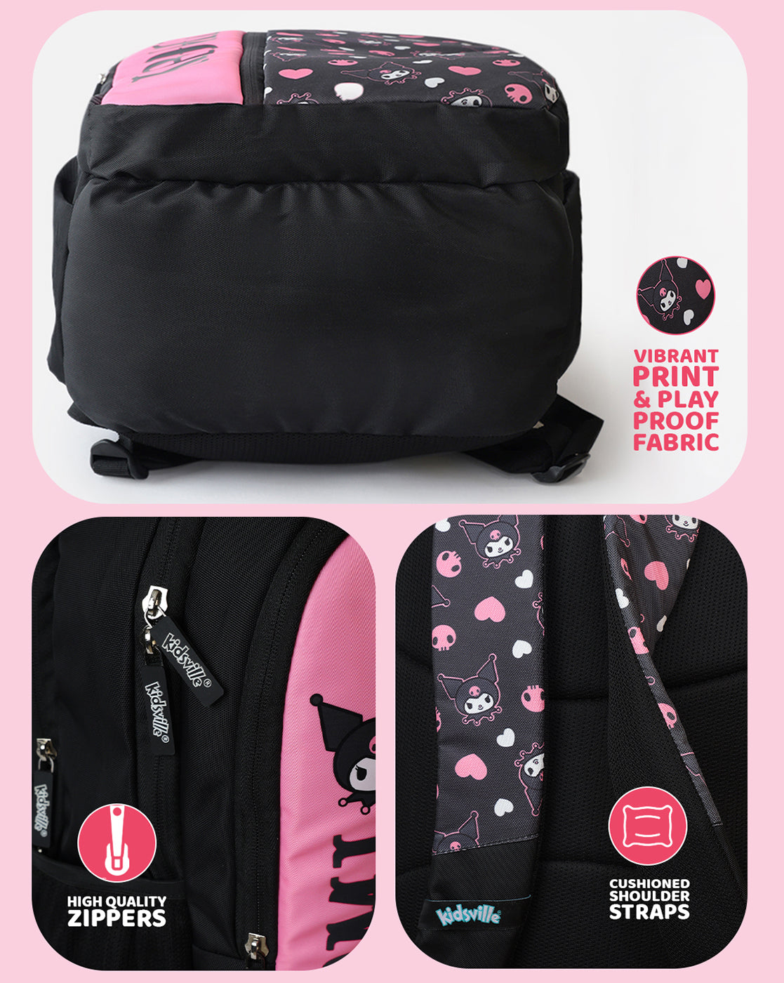 Kuromi Character Backpack 27L with Organizer Pocket, Mesh Bottle Holders & Durable Fabric