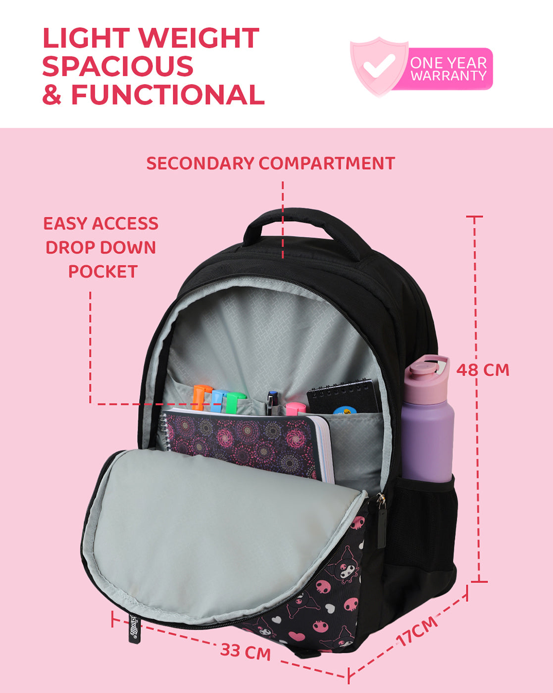 Kuromi Character Backpack 27L with Organizer Pocket, Mesh Bottle Holders & Durable Fabric