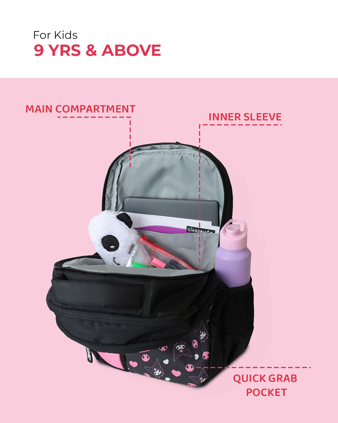 Kuromi Character Backpack 27L with Organizer Pocket, Mesh Bottle Holders & Durable Fabric