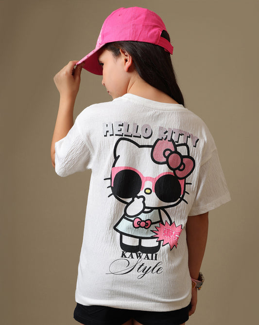 Hello Kitty Printed Relaxed Fit Crinkle Cotton Tshirt For Girls