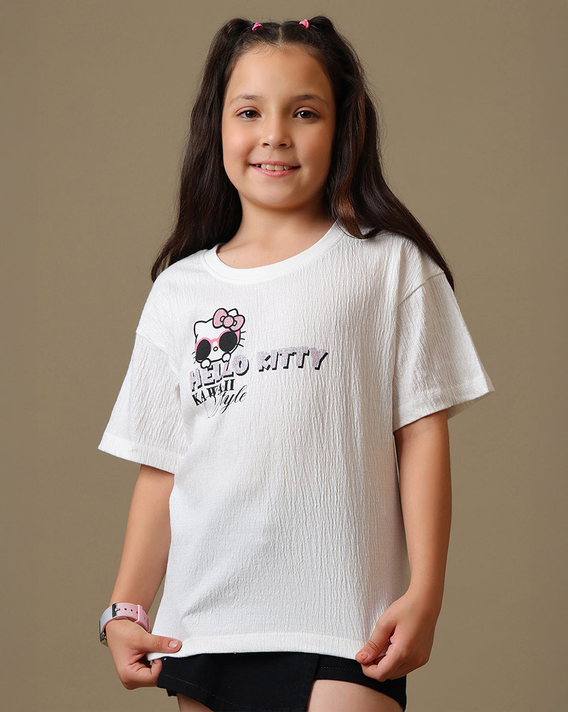 Hello Kitty Printed Relaxed Fit Crinkle Cotton Tshirt For Girls