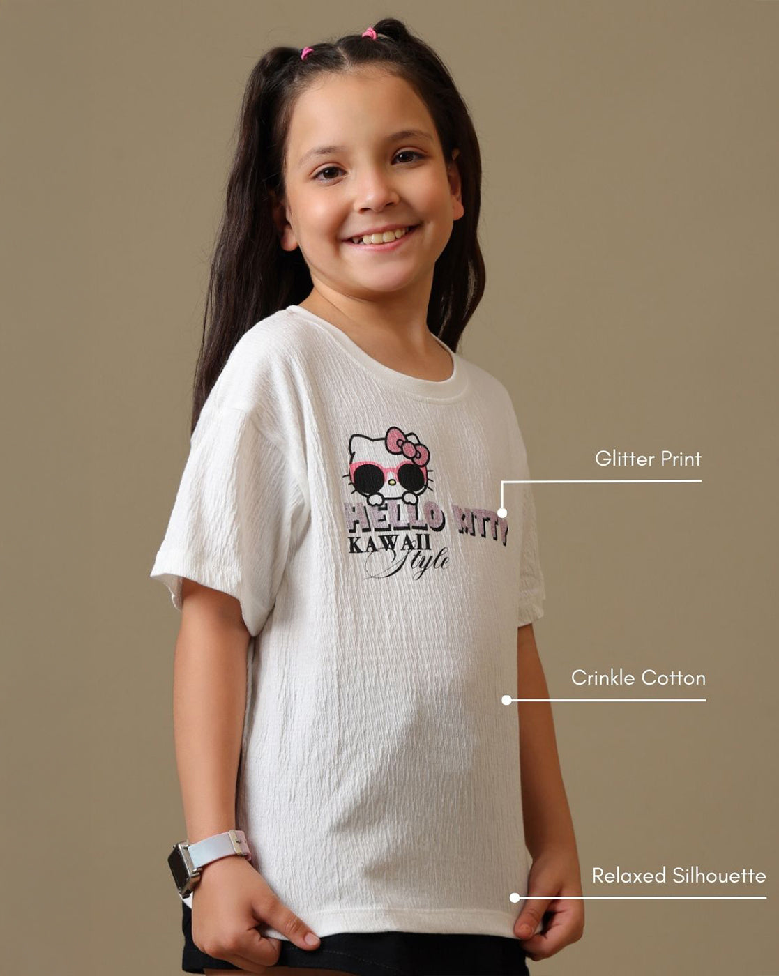 Hello Kitty Printed Relaxed Fit Crinkle Cotton Tshirt For Girls