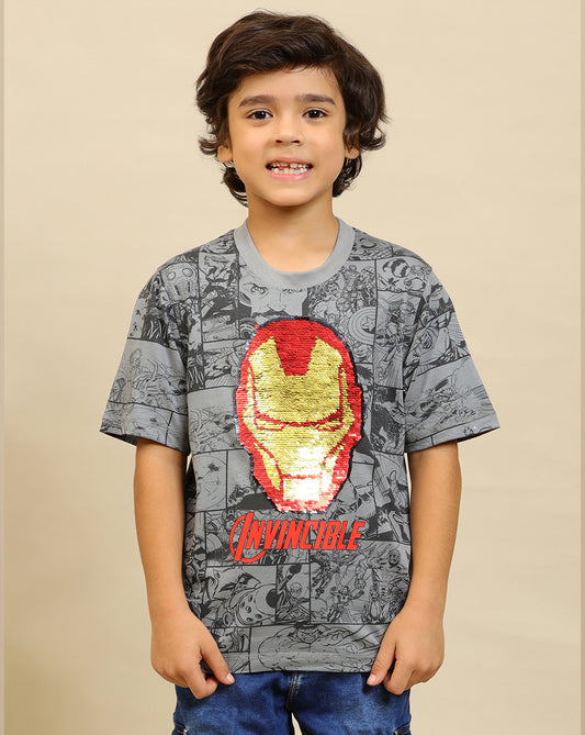 Iron Man Printed Regular Fit Reversible Sequin Tshirt For Boys
