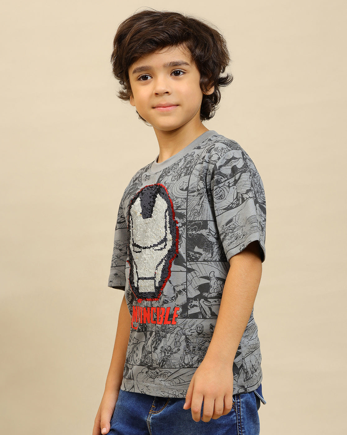 Iron Man Printed Regular Fit Reversible Sequin Tshirt For Boys
