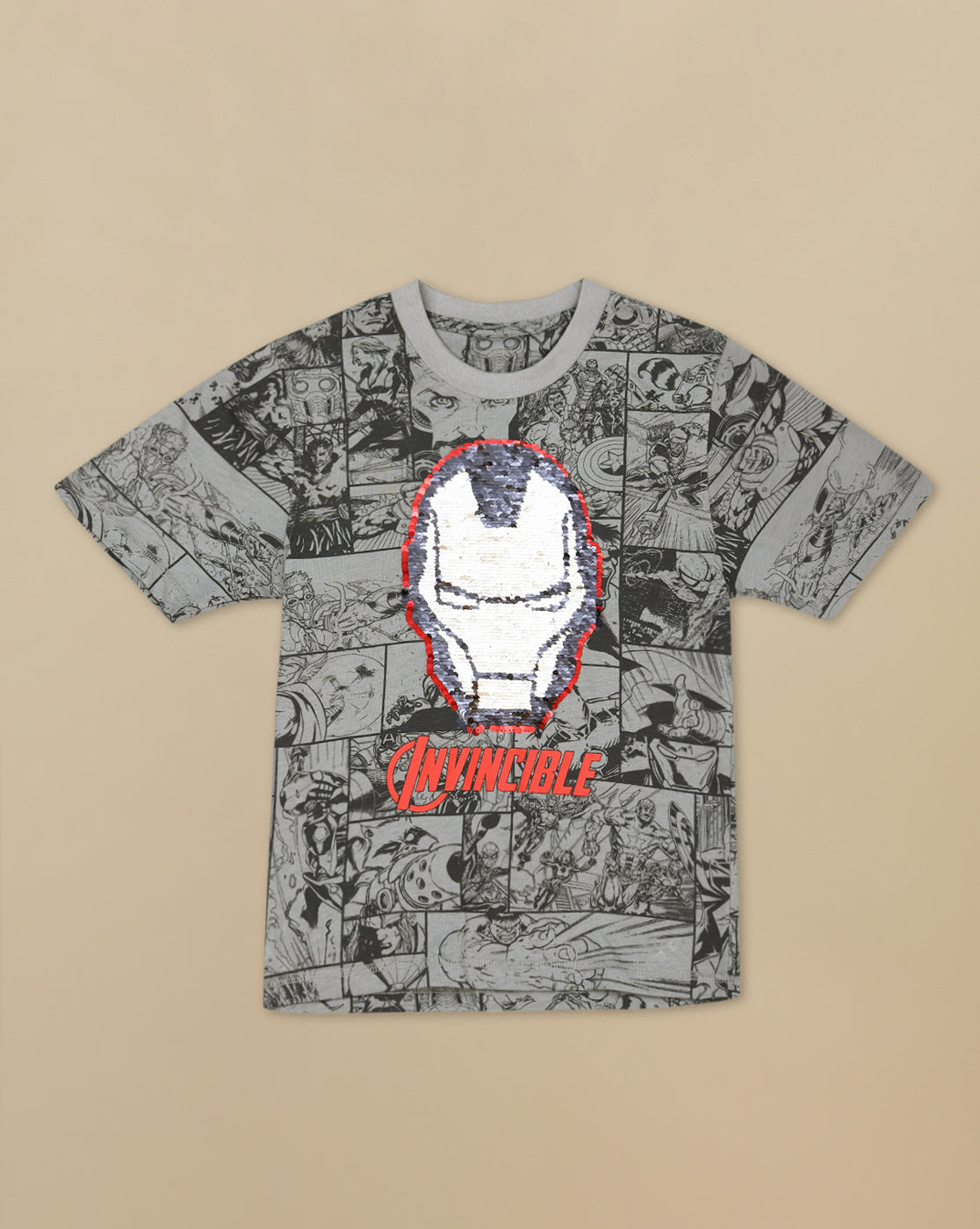 Iron Man Printed Regular Fit Reversible Sequin Tshirt For Boys