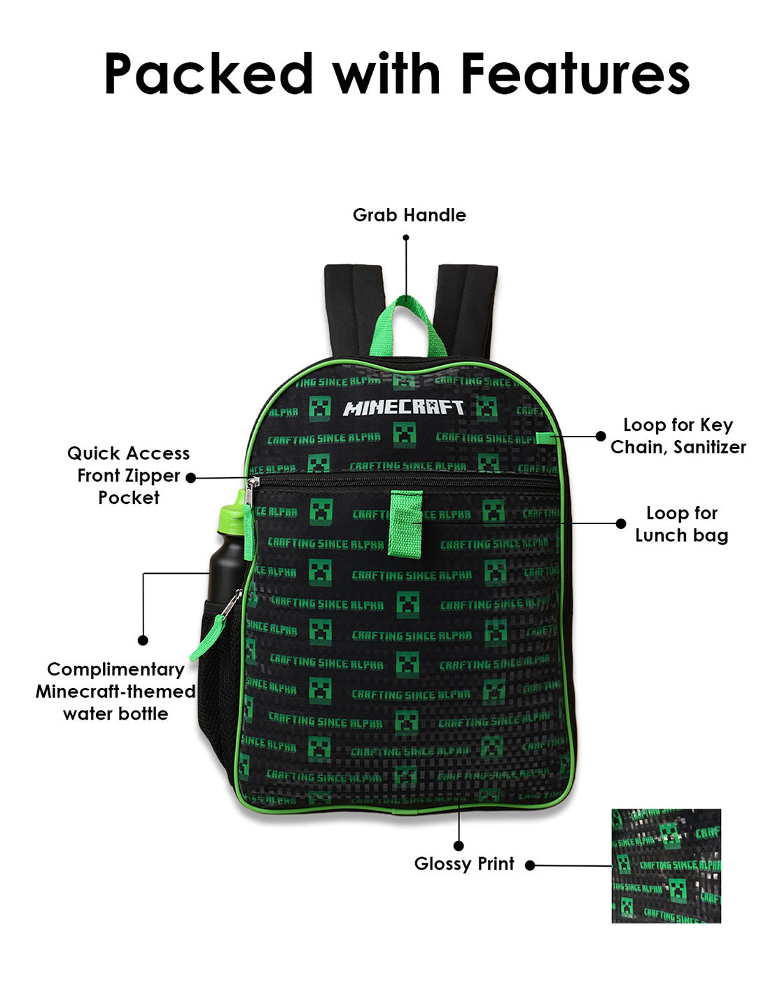 Minecraft Backpack with Lunch Bag & Water Bottle for Boys & Girls | School Bag Set of 3