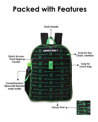 Minecraft Backpack with Lunch Bag & Water Bottle  Boys & Girls | School Bag Set of 3