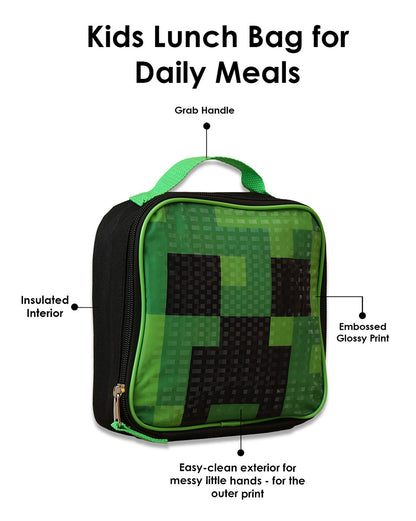 Minecraft Backpack with Lunch Bag & Water Bottle  Boys & Girls | School Bag Set of 3