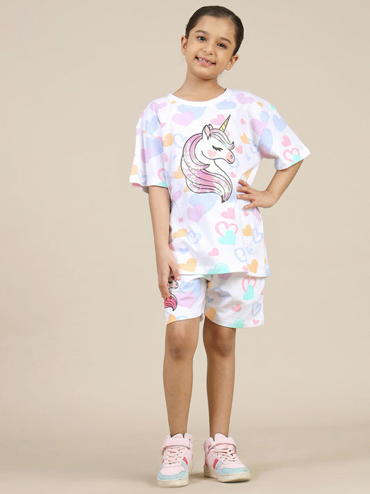 Kidsville Printed T-Shirt & Shorts Co-Ords Set For Girls